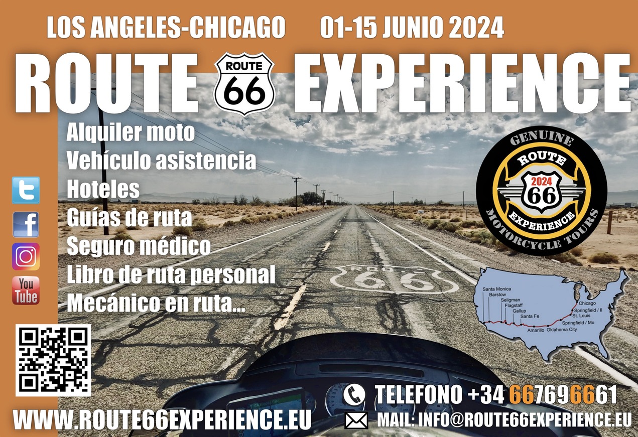 Cartel ruta 66 en moto junio 2024 Los Angeles-Chicago